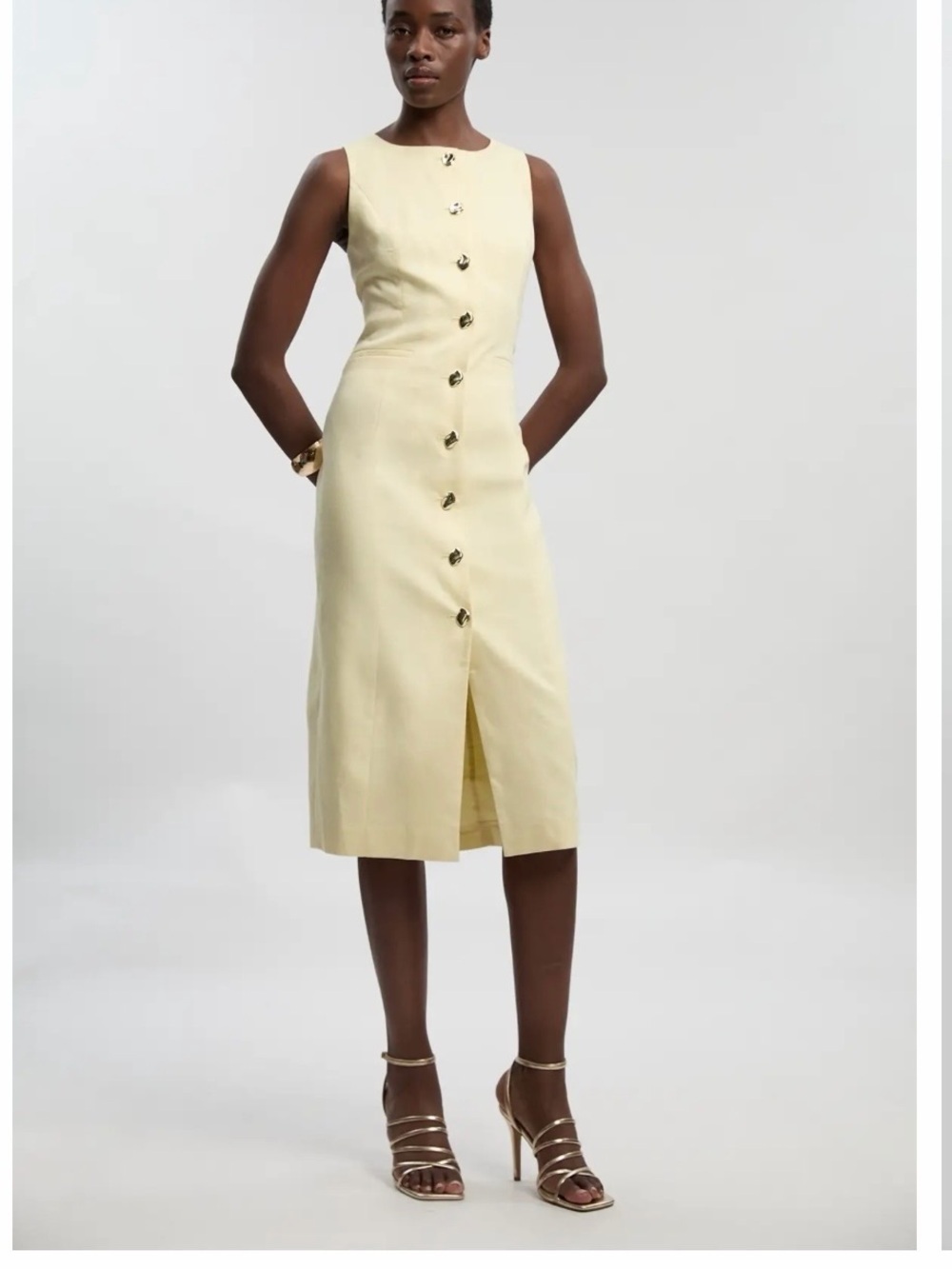 Karen Millen Pale Yellow Sleeveless Button-Front Midi Dress Sz 8 NWT